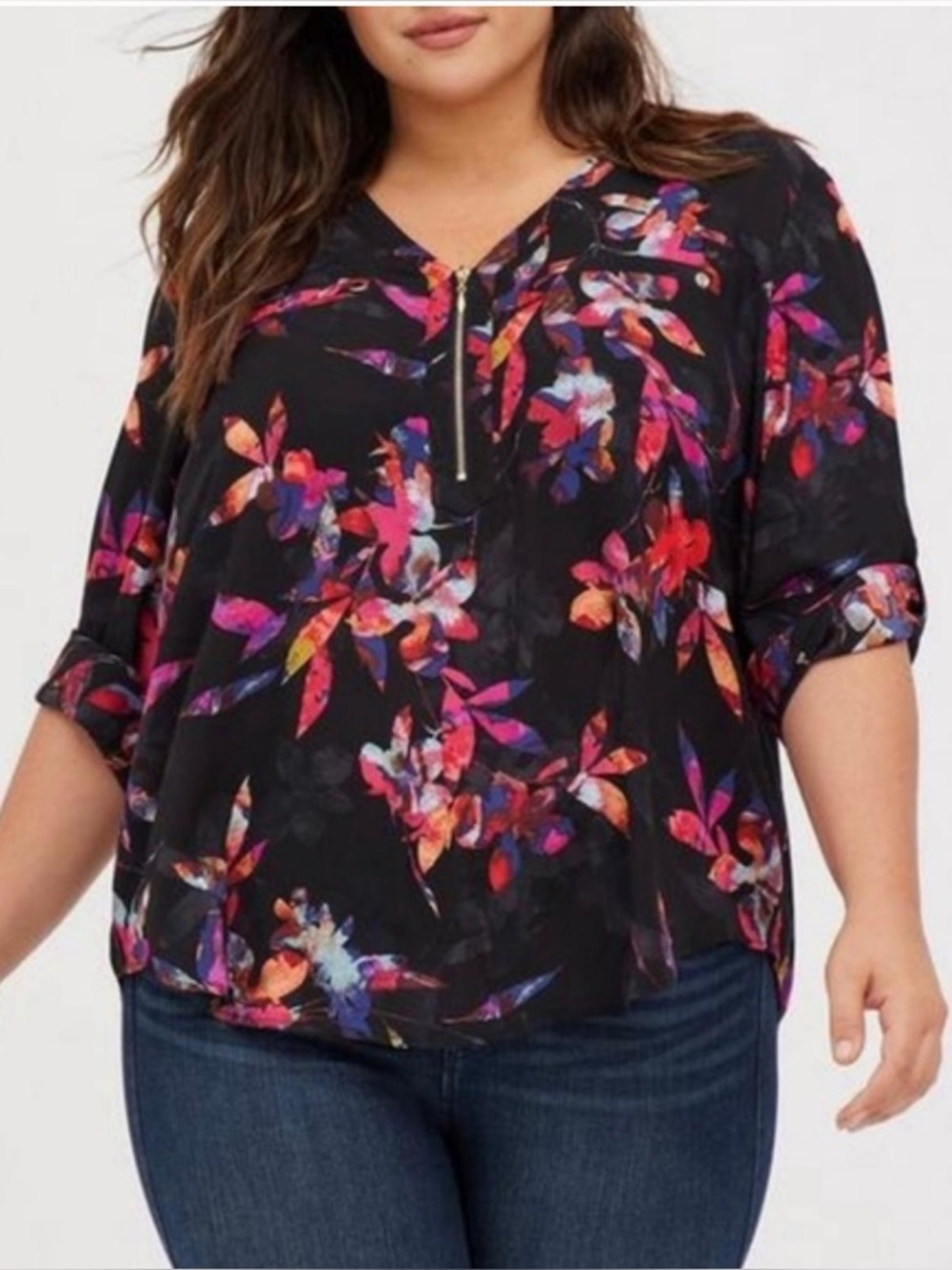 TORRID Black Floral Zip‎ Front Blouse with Pink & Coral Accents, Size 3